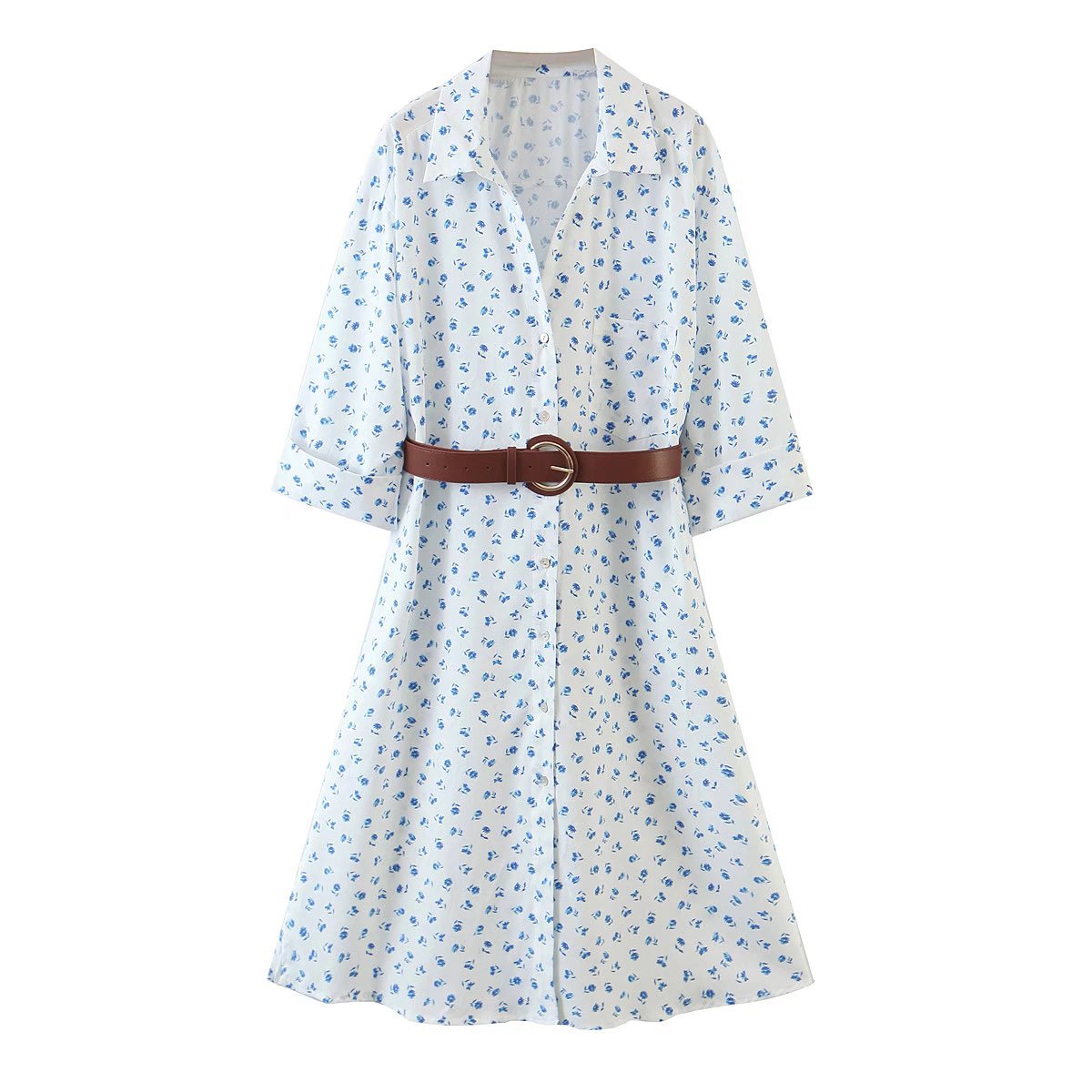 2022欧美风春女装新款长袖白底蓝花腰带衬衫式连衣裙 2981