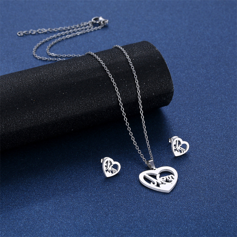 Women's Heart Necklace Simple European and American Style Mom Ear Stud Pendant Set Stainless Steel Mother's Day Mom Clavicle Chain