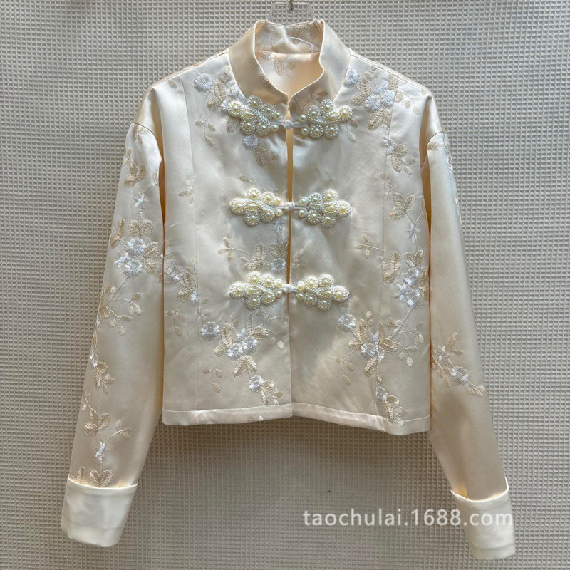 cw65986 新中式盘扣短外套复古国风文艺优雅花卉刺绣开衫上衣春