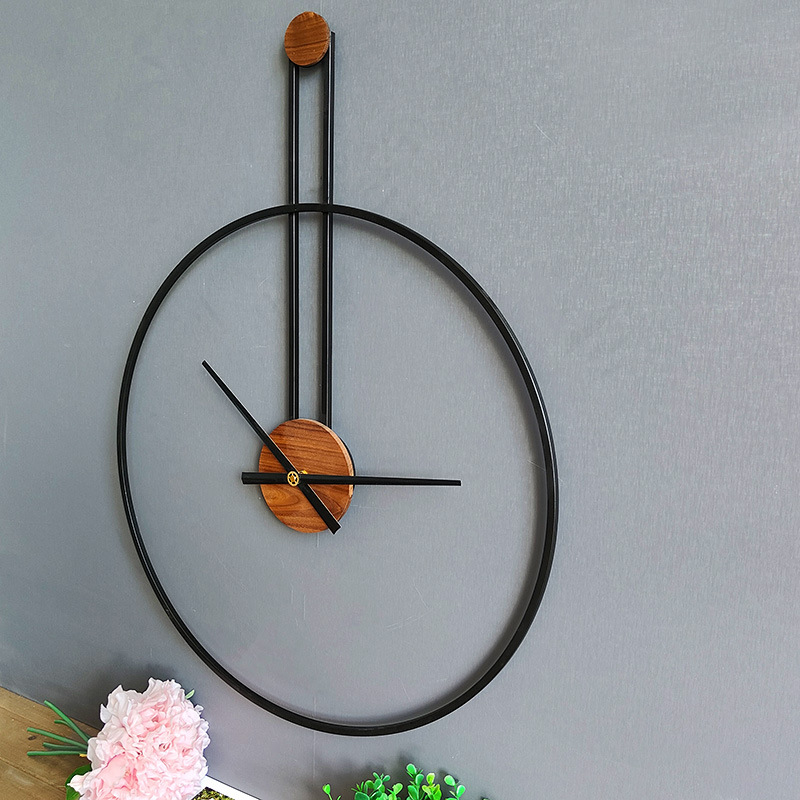 New Creative Simple and Light Luxury Wall Clock Iron Art Walnut Personality Art Wall Clock Living Room Home Decoration Clock