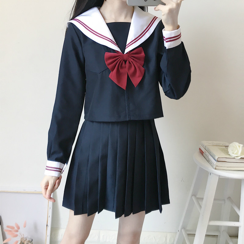 赤二本正统jk制服基础款日本校服女学生水手服班服不良绀色长裙