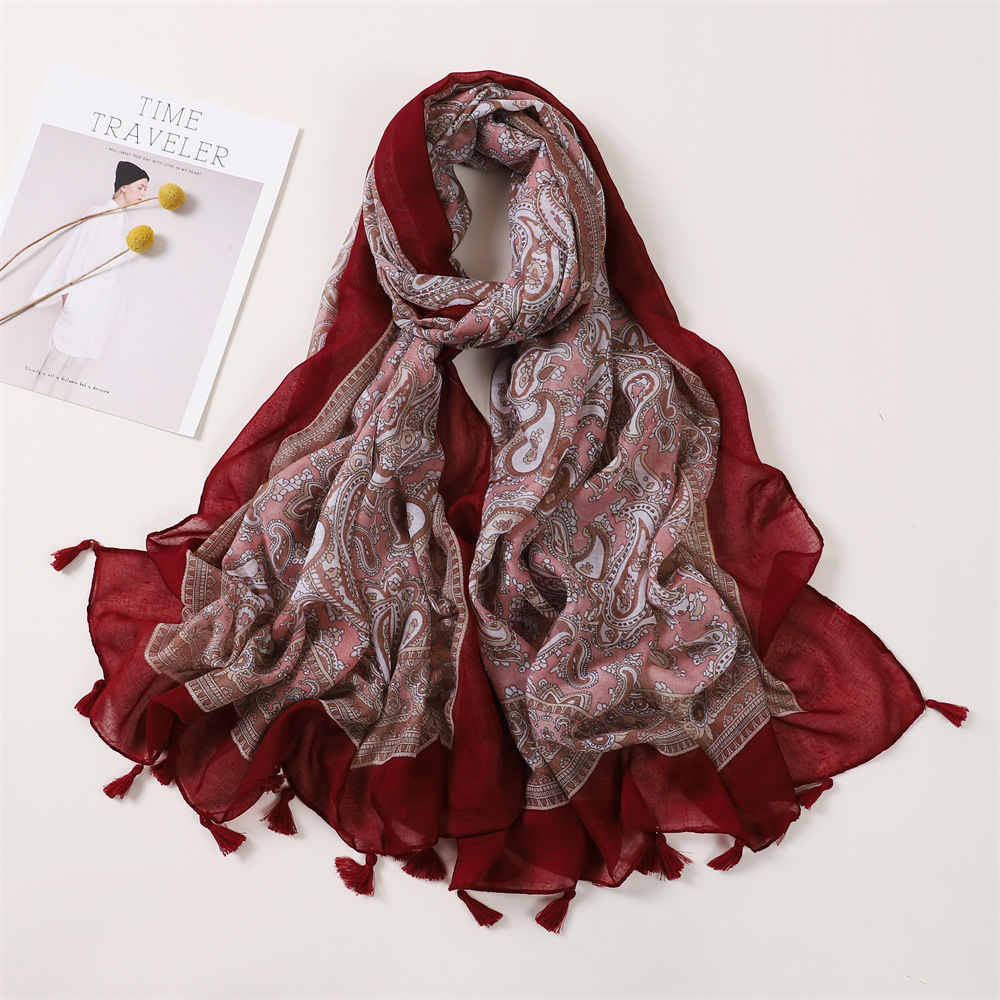 异域风情异形水滴花朵宝石纹印花流苏挂须棉麻围巾女丝巾大披肩