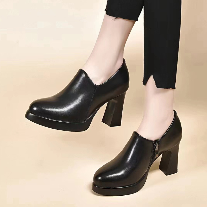 真皮防水台粗跟高跟鞋女2024新款秋季时尚厚底女士皮鞋深口单鞋