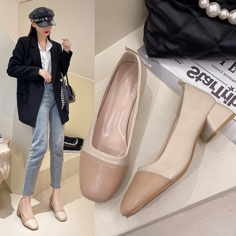 外贸时装单鞋批发2024春秋新款乐福鞋玛丽珍方头拼色粗跟小皮鞋女