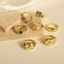 欧美小众ins朋克风简约小众饰品镶嵌多色彩锆石设计感铜材质戒指