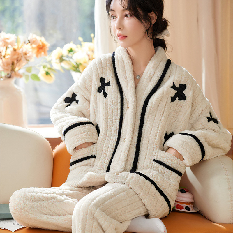 秋冬季珊瑚绒睡衣女士加厚加绒保暖长袖开衫法兰绒家居服套装-阿里巴