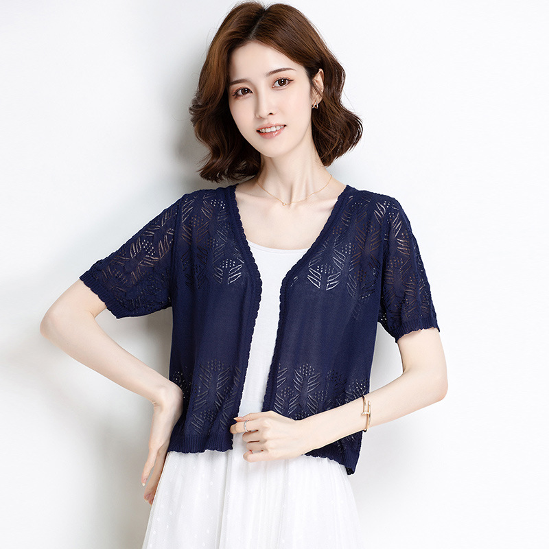 冰丝针织开衫女短袖无扣上衣薄夏季新品镂空小披肩外搭休闲短外套