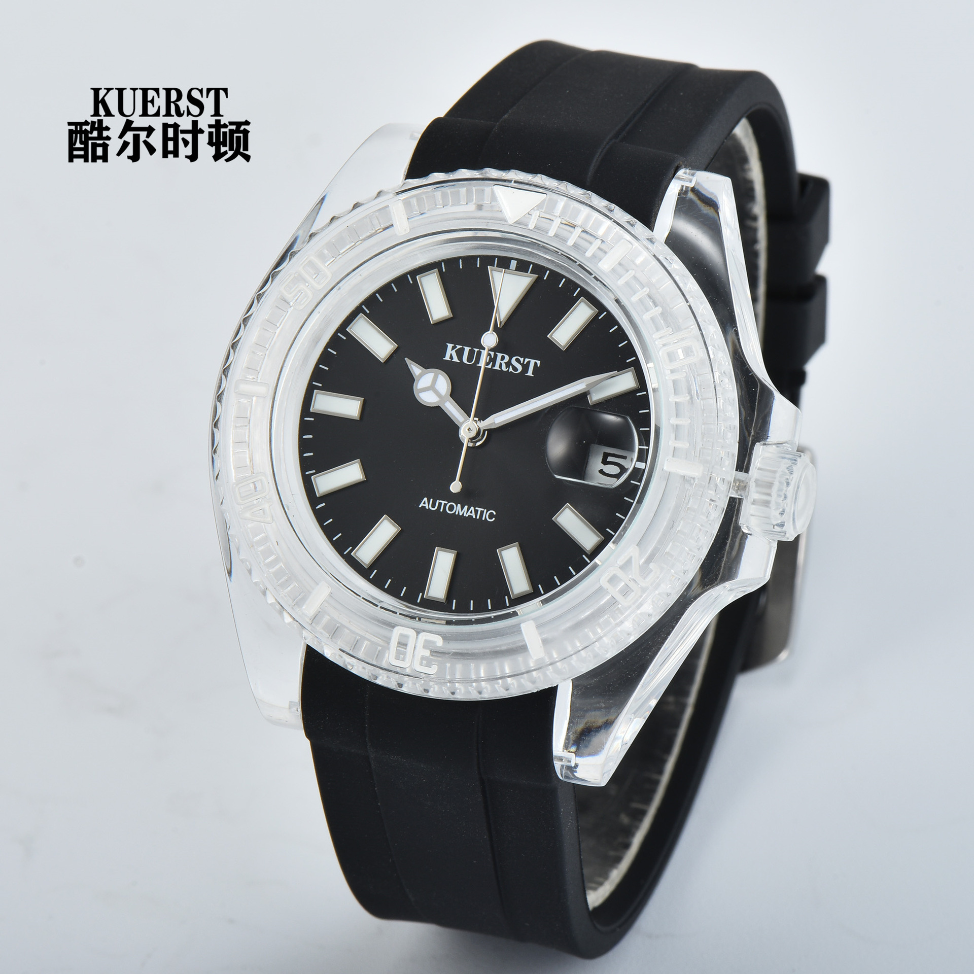 瑞士注册品牌kuerst酷尔时顿网红水鬼自动机械手表黑色亚克力胶带