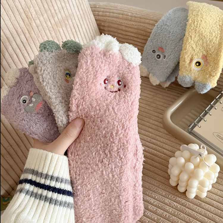 Autumn and Winter New Cartoon Three-Dimensional Ear Embroidery Small Animal Coral Cashmere Socks Home Room Socks Thickened Warm Women's Socks