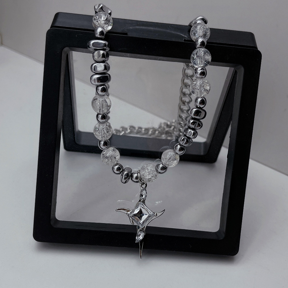 New Irregular Ice Crack Bead Cross Necklace Stitching Titanium Steel No Fading Men and Women Niche Design Clavicle Chain