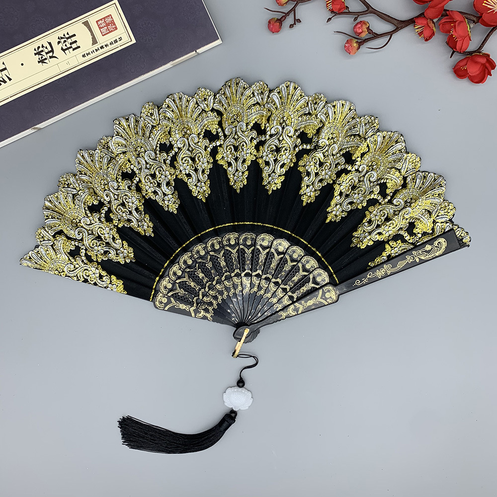 Chinese Auspicious Cloud Pattern Archaic Folding Fan Plastic Dance Chinese Style Folding Fan Factory Direct Sales