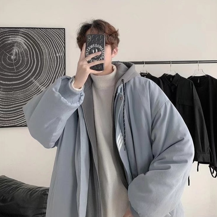 假二件宽松男生夹克春秋季ins潮牌港风衣服潮流宽松连帽棉衣外套