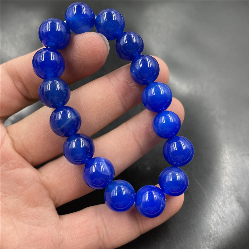 万玉批发 12毫米蓝色玉髓玛瑙圆珠手链 手串