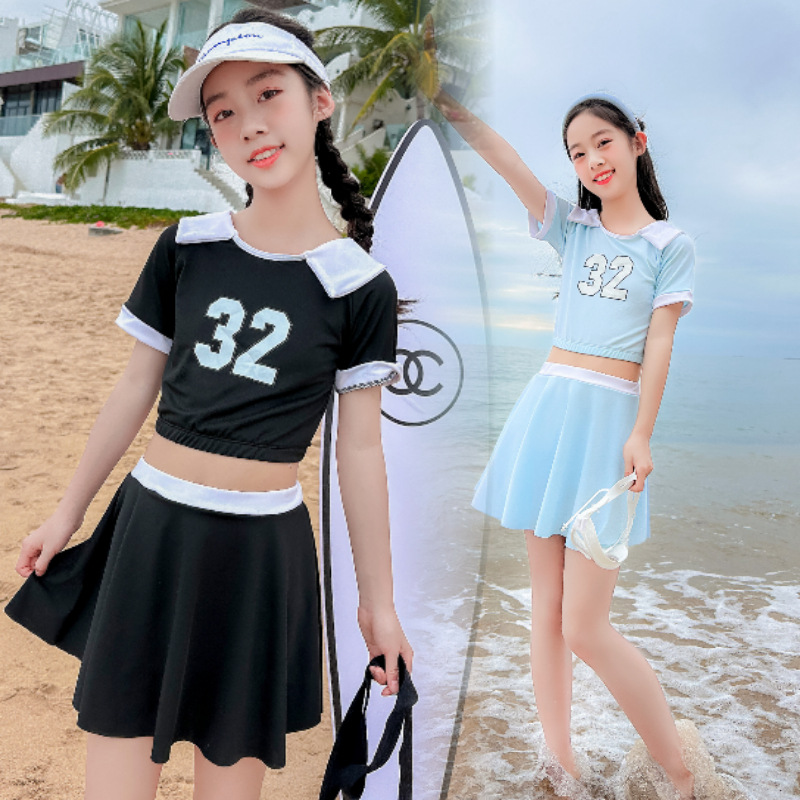 新款儿童泳衣女女童分体女孩中大童15岁少女游泳衣初中生青少年