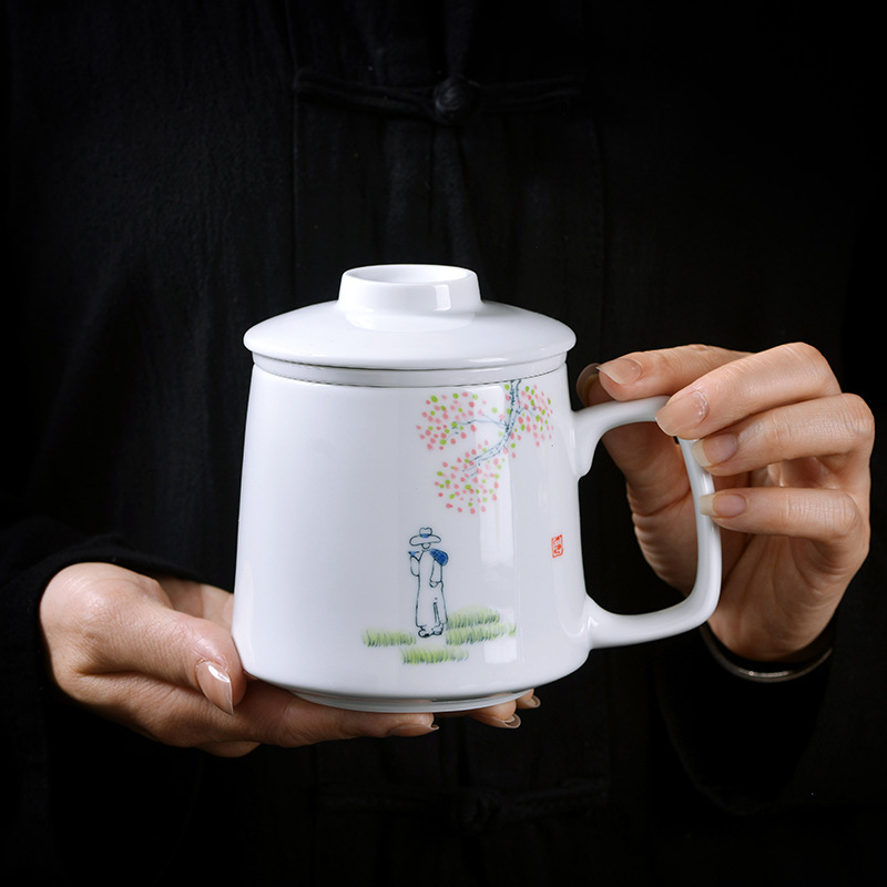 景德镇青花杯子家用粉彩带茶漏水杯手绘陶瓷过滤茶杯会议室办公杯