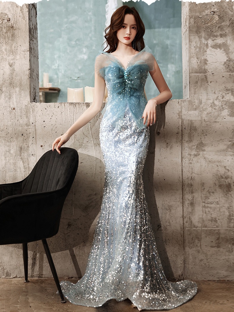 蓝色人鱼裙礼服亮片模特走秀轻奢蝴蝶结重工敬酒服超仙主持人年会
