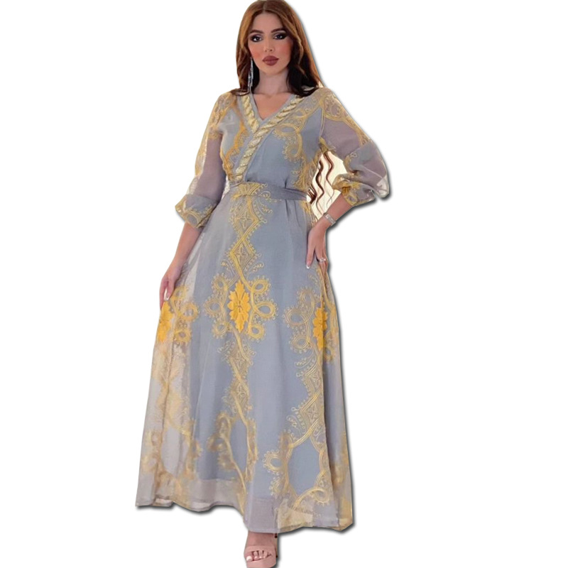 Ab336 Light Luxury Rhinestone Mesh Embroidered Muslim Arab Dubai Jalabia Fashion Temperament Guest Dress