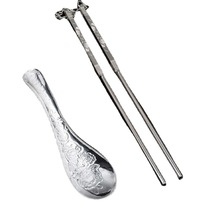 陶瓷汤勺银碗a熟银筷子食用勺三件套银餐具实心防滑银筷子银耳勺