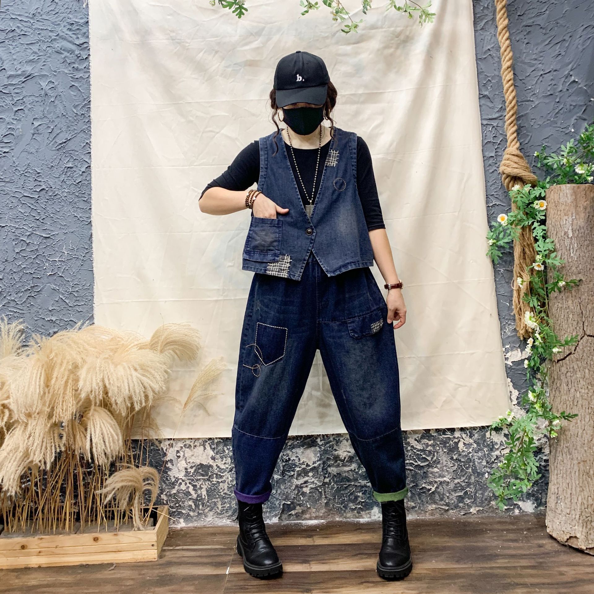 高腰牛仔裤 牛仔马甲2022春季新款套装复古文艺女装贴布刺绣长裤