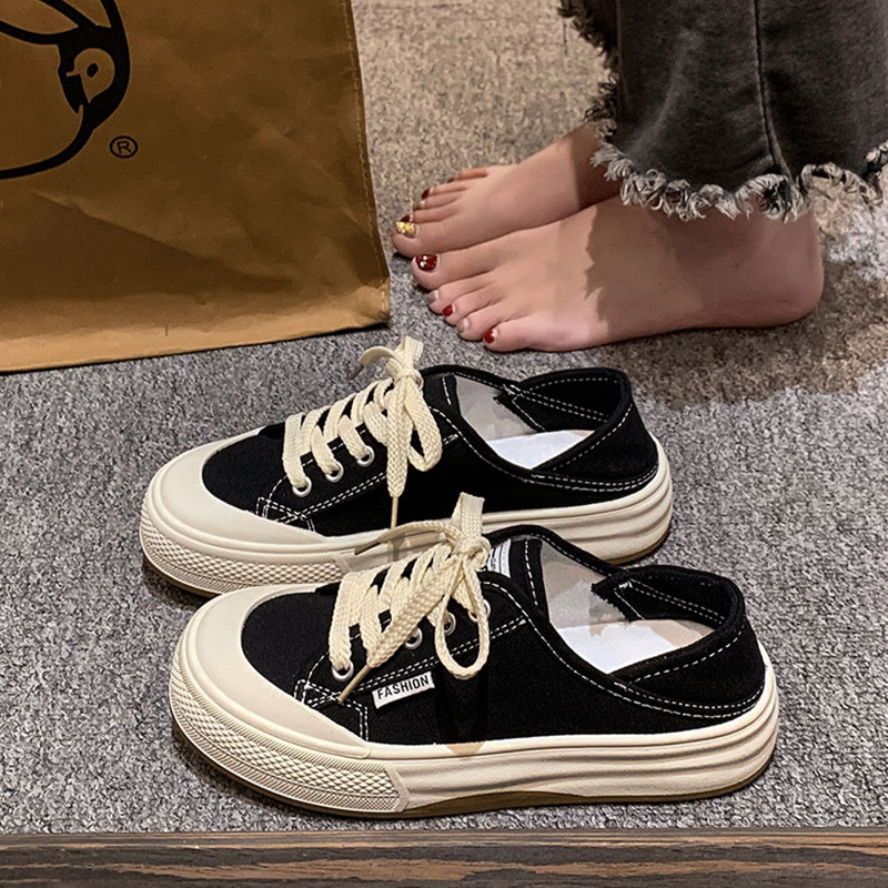 夏季半拖帆布鞋女鞋2024新款懒人一脚蹬孕妇布鞋两穿单鞋板鞋