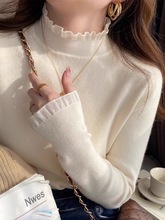 半高领内搭打底衫女春秋冬长袖设计感小众针织上衣蕾丝边白色毛衣