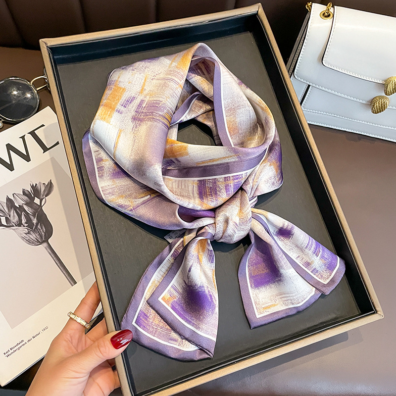 Korean Spring and Summer Purple Fuzzy Double-Layer High-Grade Mulberry Silk Silk Scarf Ribbon Female Neck Protection Elegant Scarf