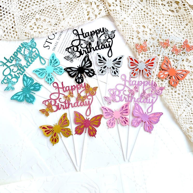 Cross-Border Ins Style Glitter Paper Double-Layer Butterfly Happy Birthday Cake Decoration Party Dessert Bar Dress up