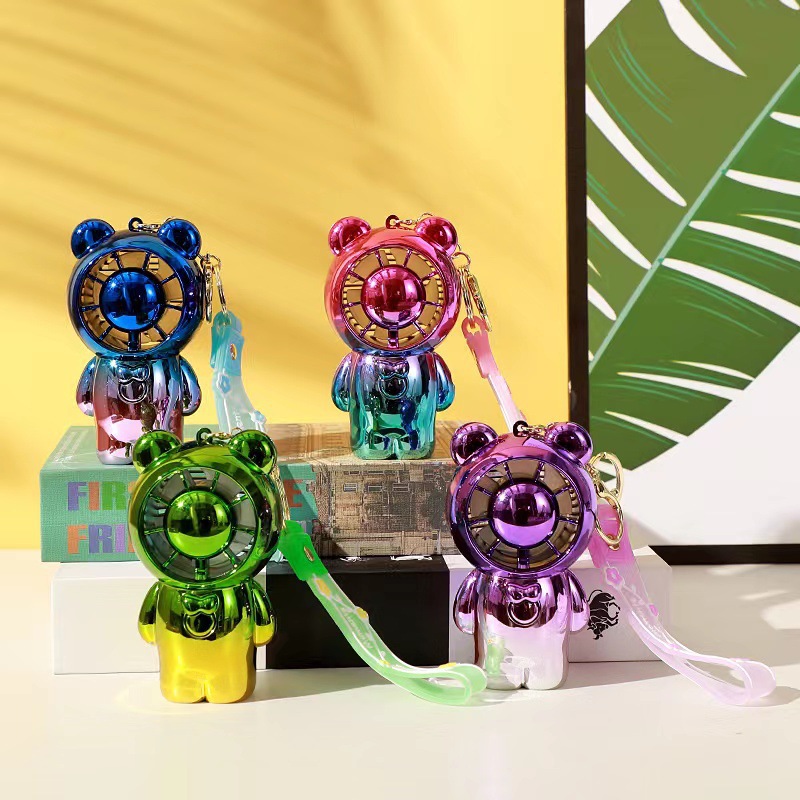 New Cool Gradient Bear Electroplating Bear Fan USB Charging Large Wind Keychain Fan Wholesale Gift