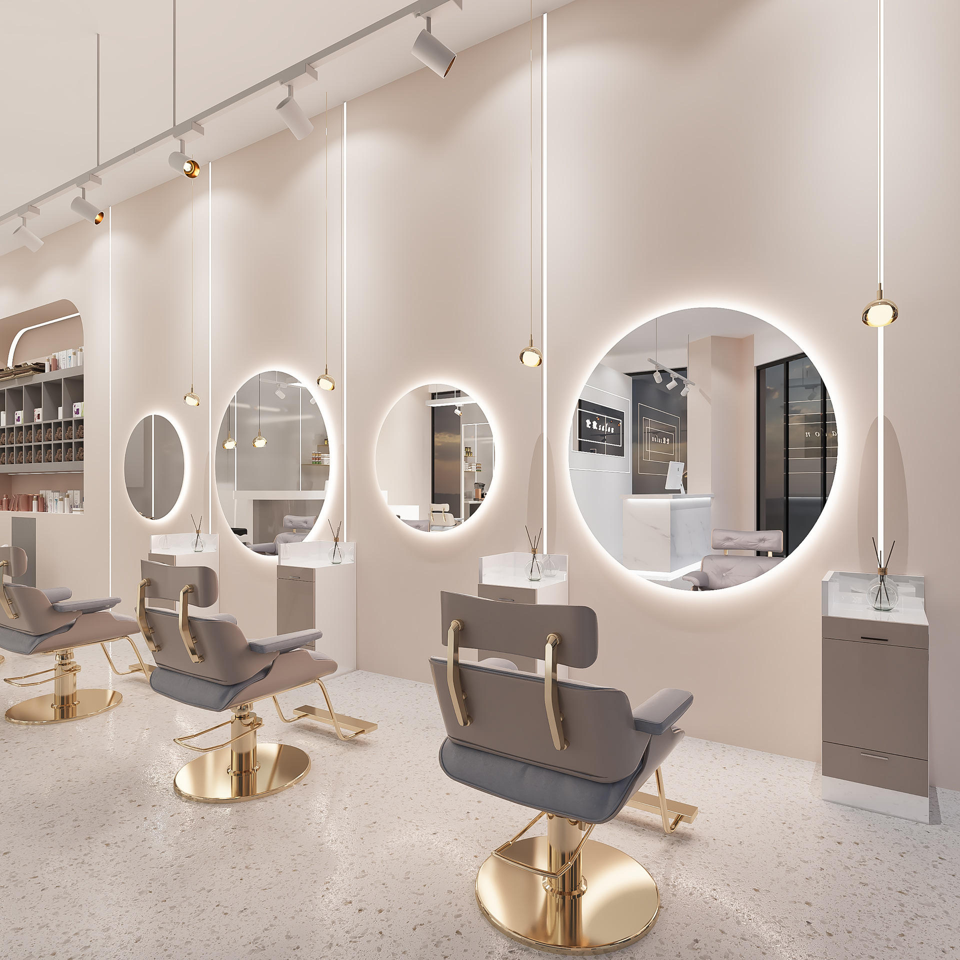 理发店镜台圆镜子美发店带灯壁挂染烫镜红简约化妆剪发单面挂墙镜