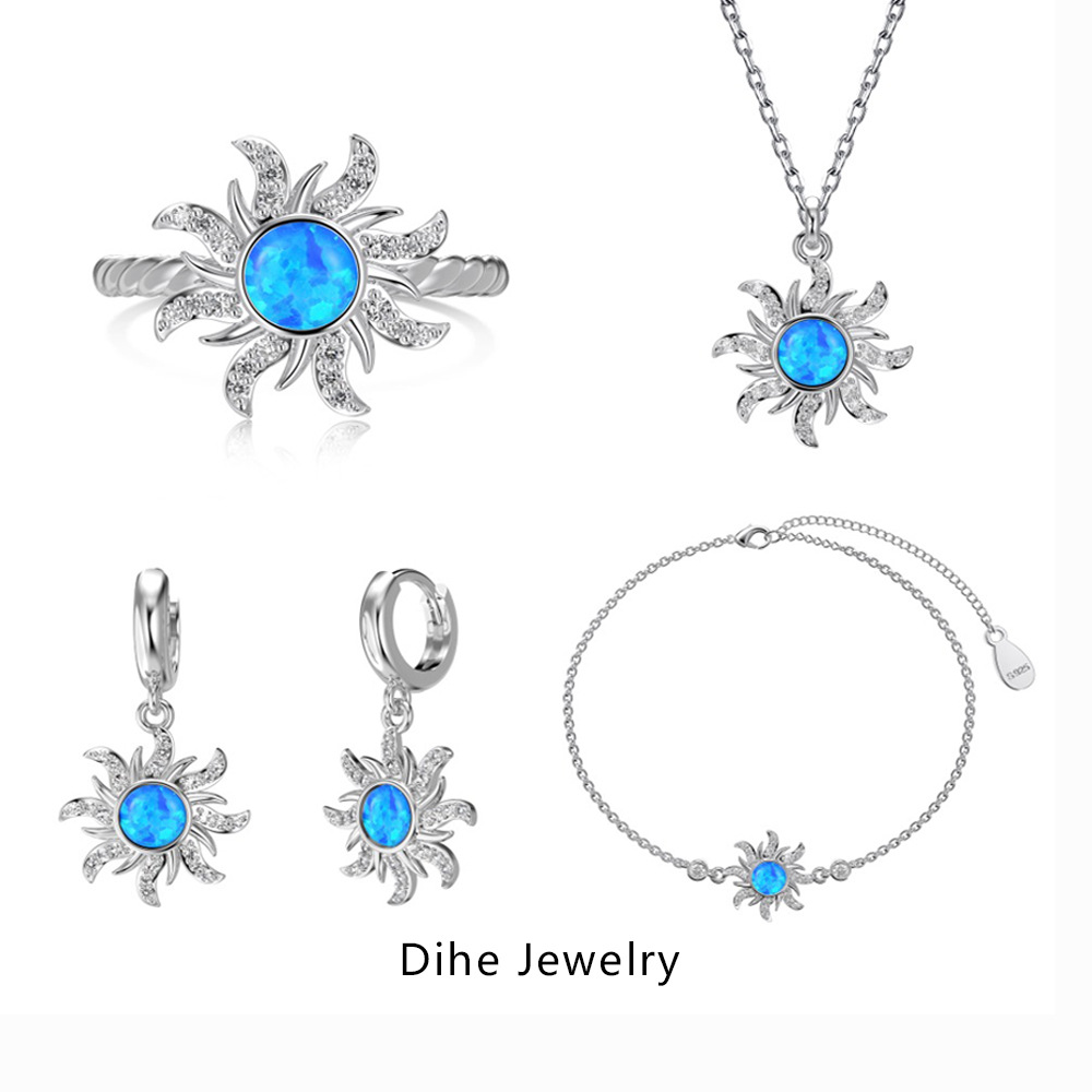 ins风爆款s925纯银项链戒指耳钉手链女欧泊石镶嵌太阳