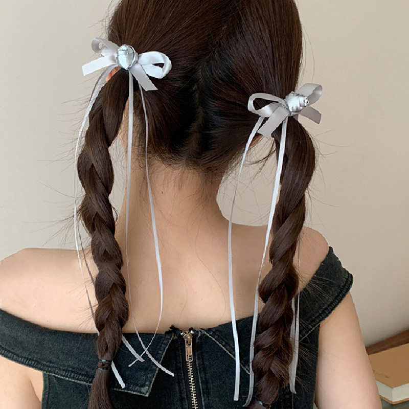 一对~银色花朵蝴蝶结飘带发夹女后脑勺双马尾编发头饰小夹子发饰