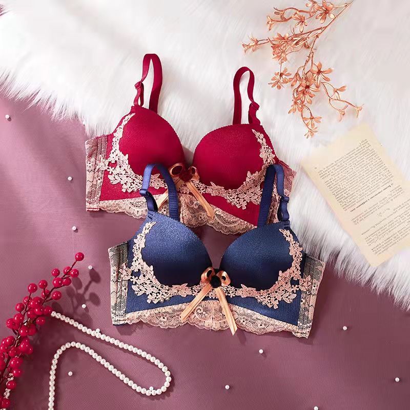 Women's Embroidered Lace Sexy Wireless Underwear Gather Comfortably Push up Anti-Sag Accessory Breast Push up Bra Set