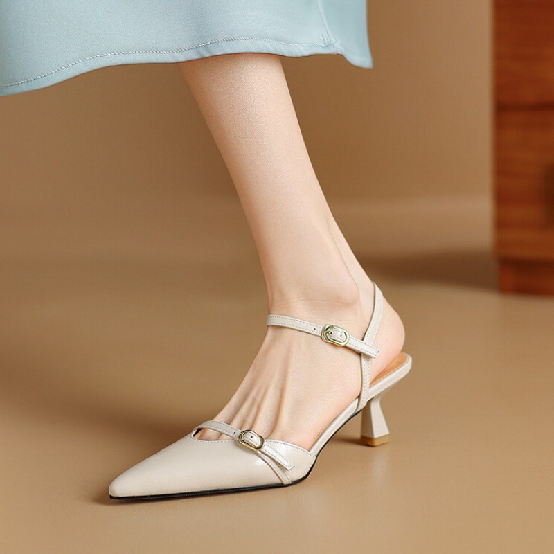 夏季一字带细跟后空单鞋气质银色时尚高跟鞋小猫跟尖头包头凉鞋女