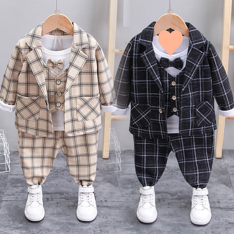 小童装0男童秋款小西装三件套1男宝宝套装2春秋款3长袖外套4岁潮5