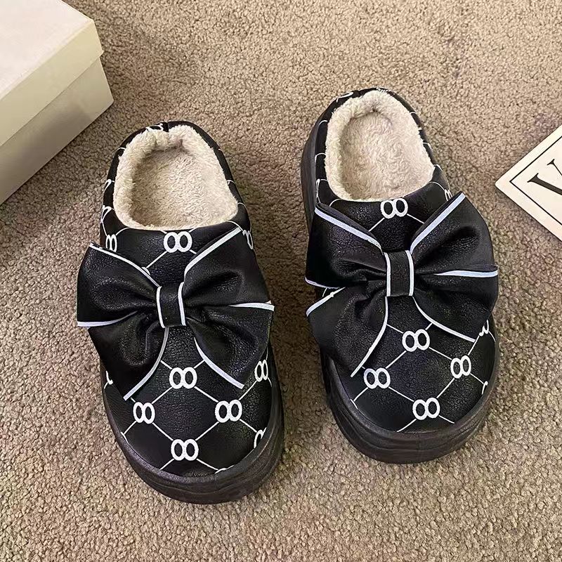 2023 New Women's Winter Thick-Soled Cotton Slippers Home Indoor Girl Fleece-lined Warm Feeling of Shit Bowknot Princess