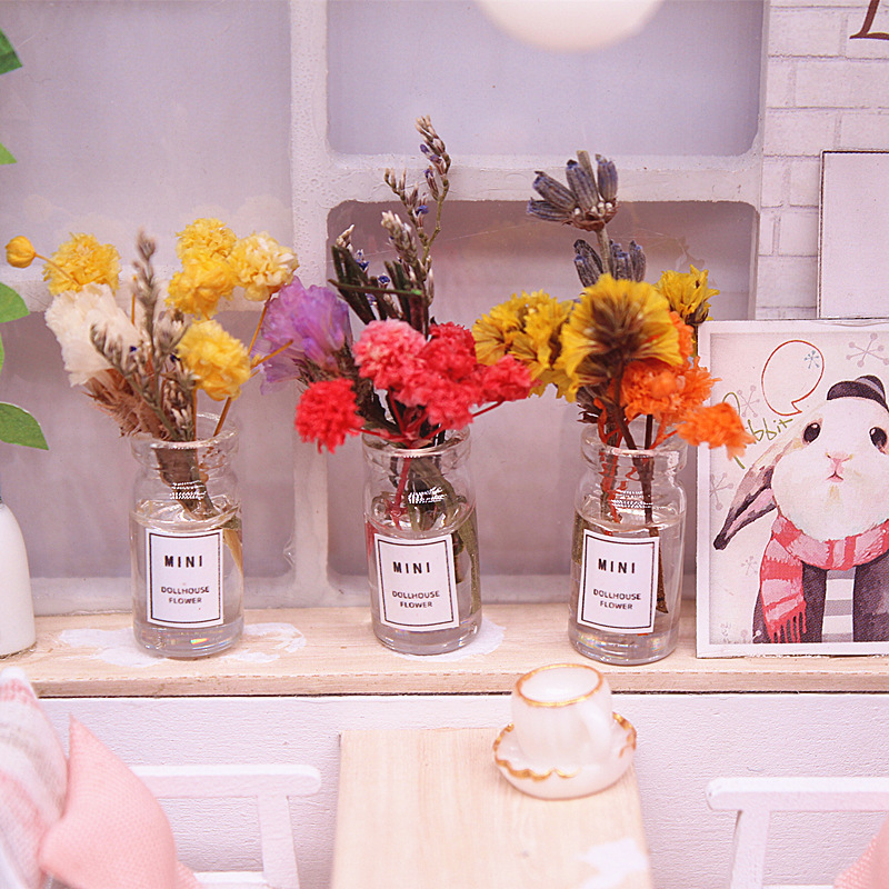 dollhouse迷你微缩花瓶盆栽玻璃干花瓶手工插花仿真模型摆件娃屋