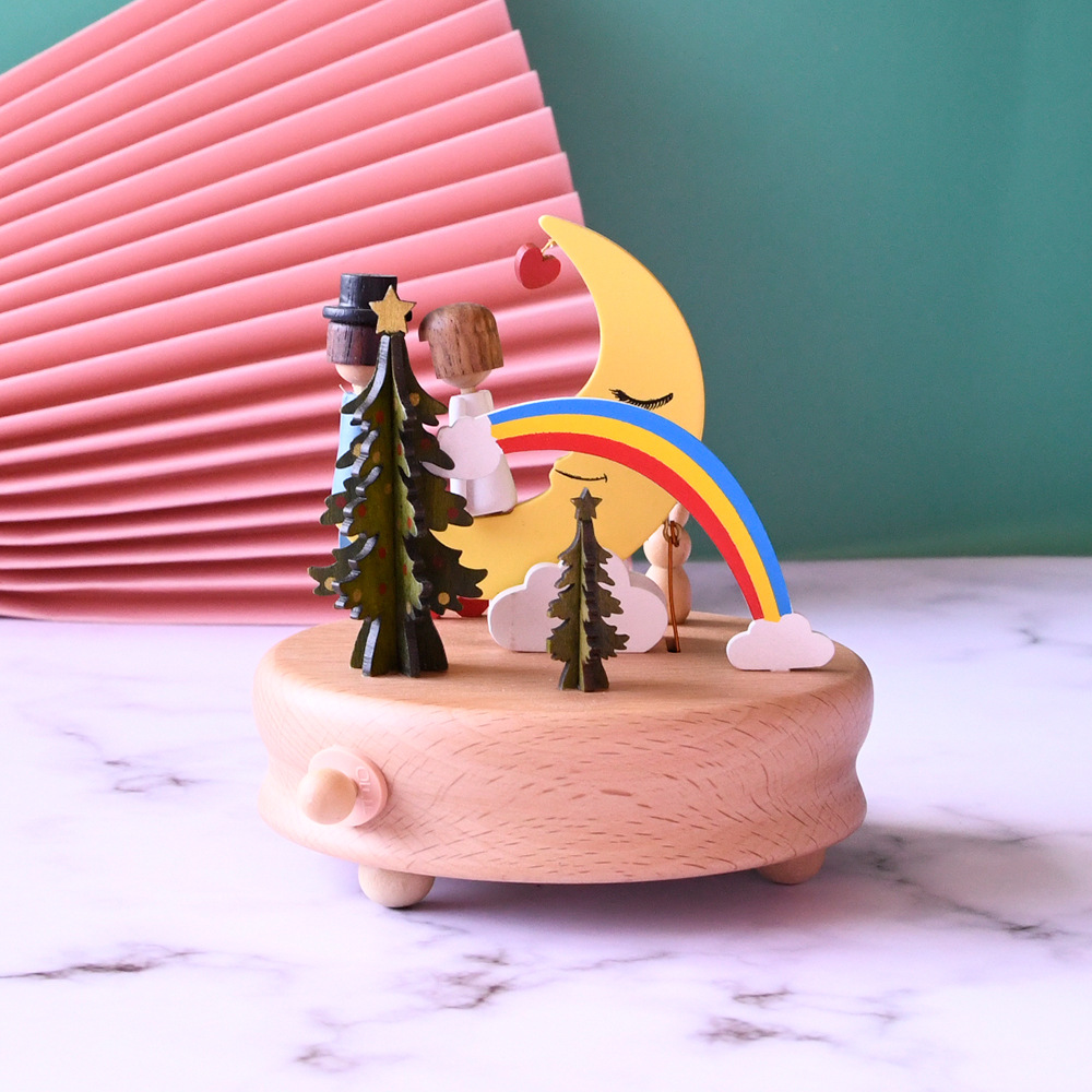 情人节520木质八音盒彩绘彩虹音乐盒爱情故事复古摆件工艺品批发