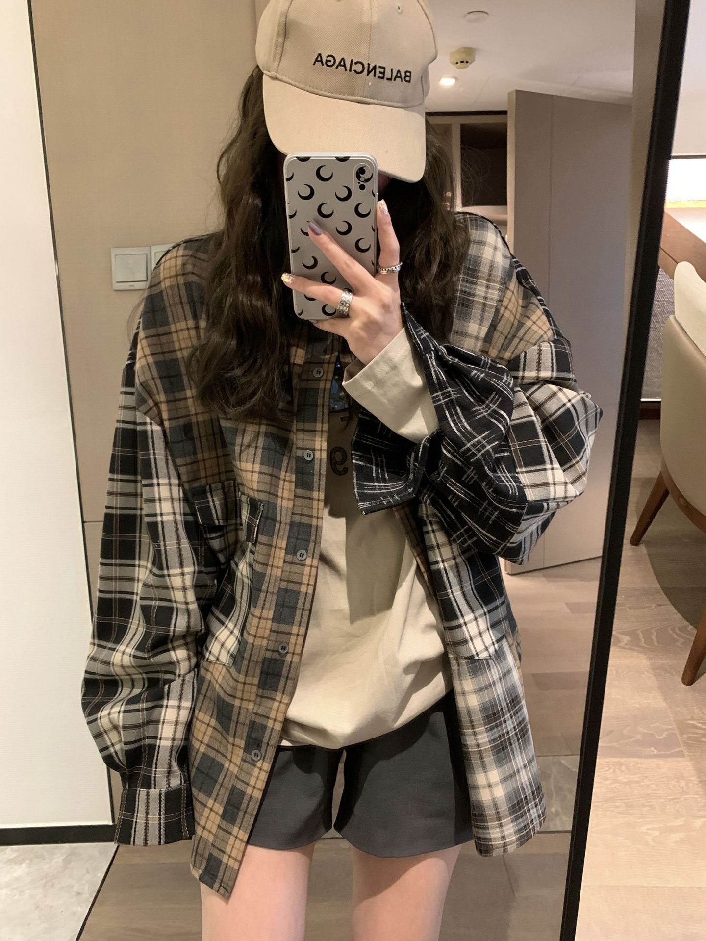 power-on wear ~ 2024 spring and autumn new lazy wind casual loose contrast color check shirt women‘s plaid shirt