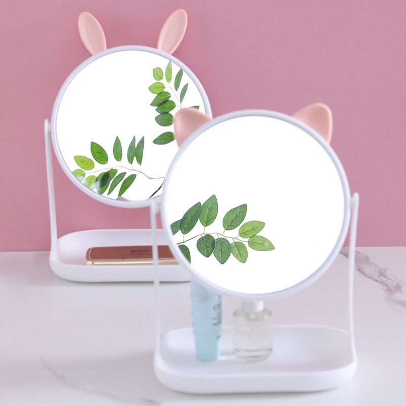 Internet Celebrity Mirror Cartoon Cat Rabbit Ear Makeup Mirror with Base Desktop Dressing Mirror Home Dormitory Single-Sided Beauty Mirror