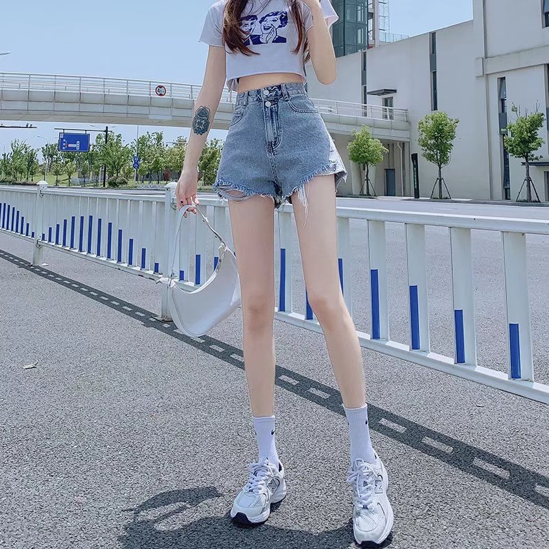 【超低拿样】牛仔短裤女新款夏破洞高腰字毛边爆款学生显瘦裤子