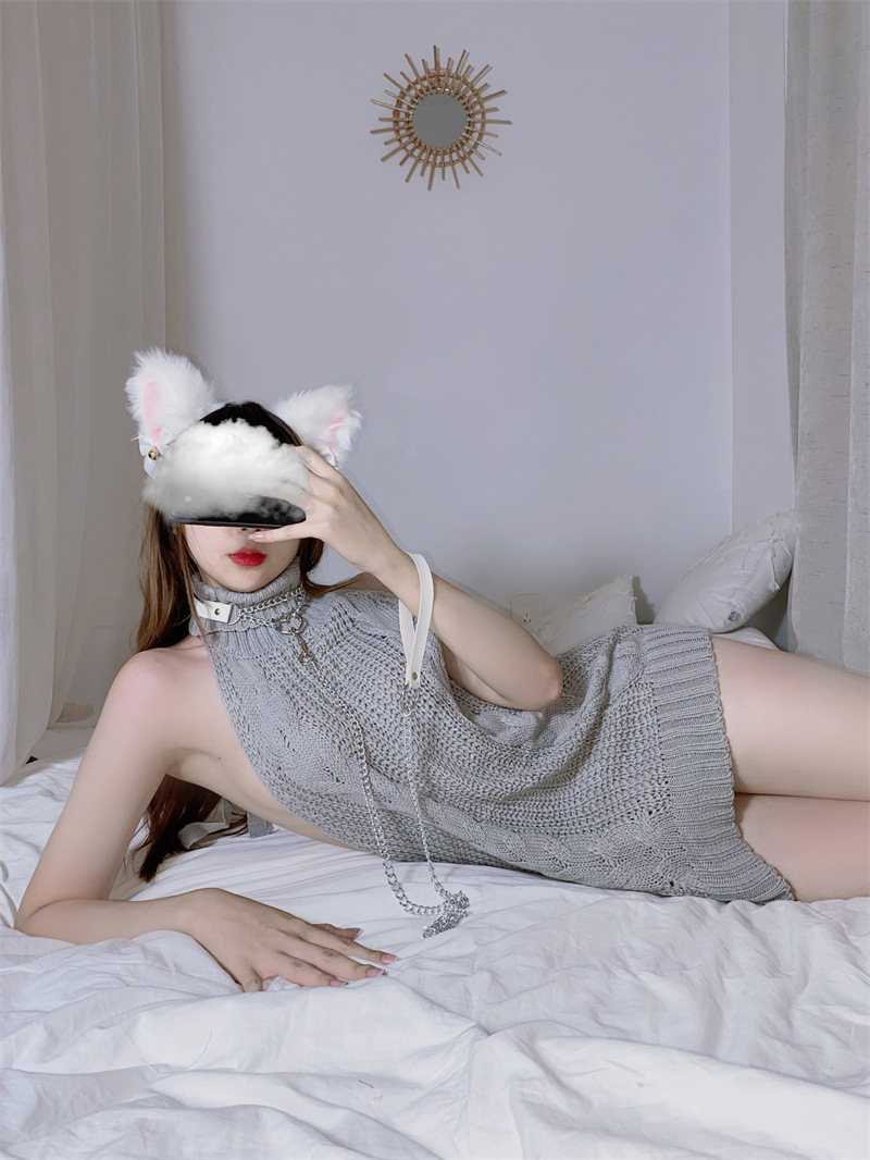 大码毛衣女秋冬情趣内衣套装欧美诱惑露背绑带睡衣v胸部镂空制服