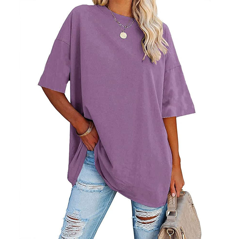 2022 Europe and America Cross Border Women's T-shirt Amazon Foreign Trade New Color Loose Shoulder Sleeve round Neck Short Sleeve Top