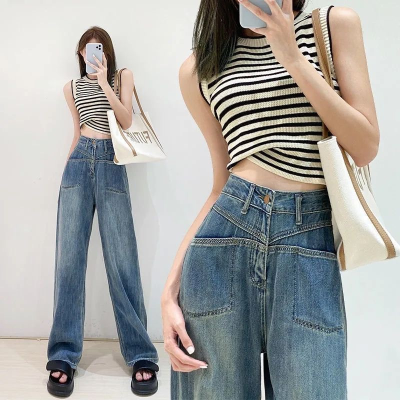 Foreign Trade American High Waist Jeans for Women 2023 Spring and Autumn New Hot Girls Loose plus Size Design Stitching Mop Pants