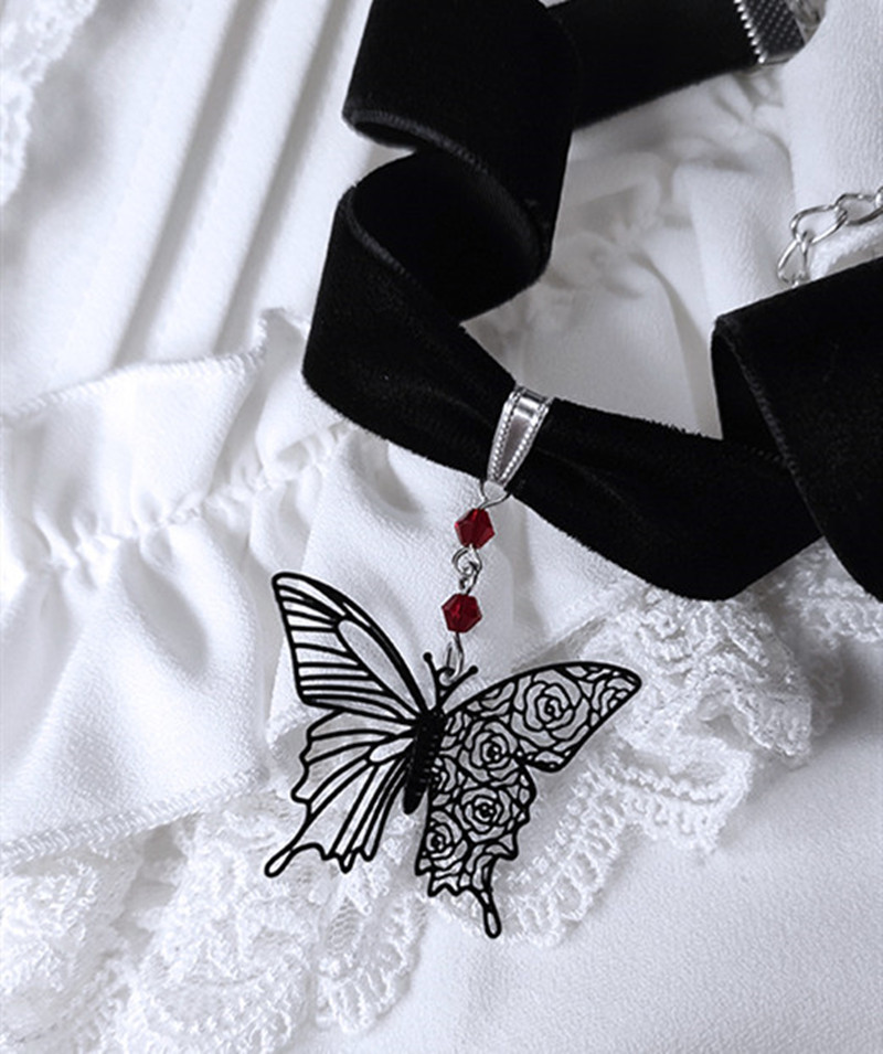 亚马逊跨境 哥特式黑色镂空花纹蝴蝶首饰吊坠项链 天鹅绒项圈饰品