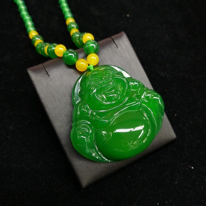 大号绿玉髓笑佛吊坠 帝王绿玛瑙佛公毛衣链天然玉髓弥勒佛吊坠