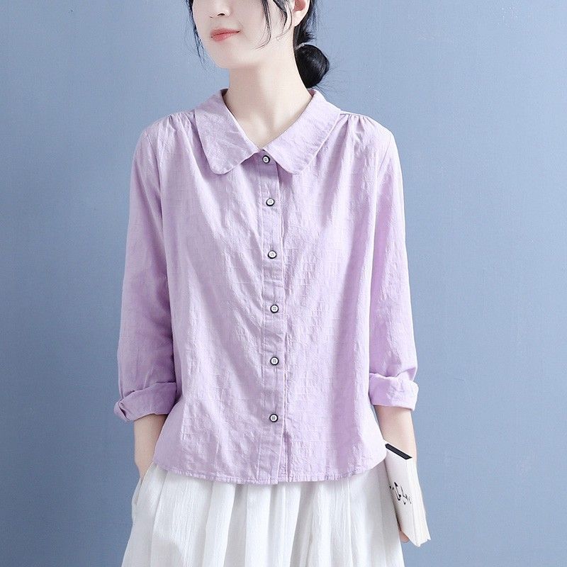 棉麻衬衫女春秋新款文艺复古风娃娃领衬衣黑白扣提花宽松长袖上衣