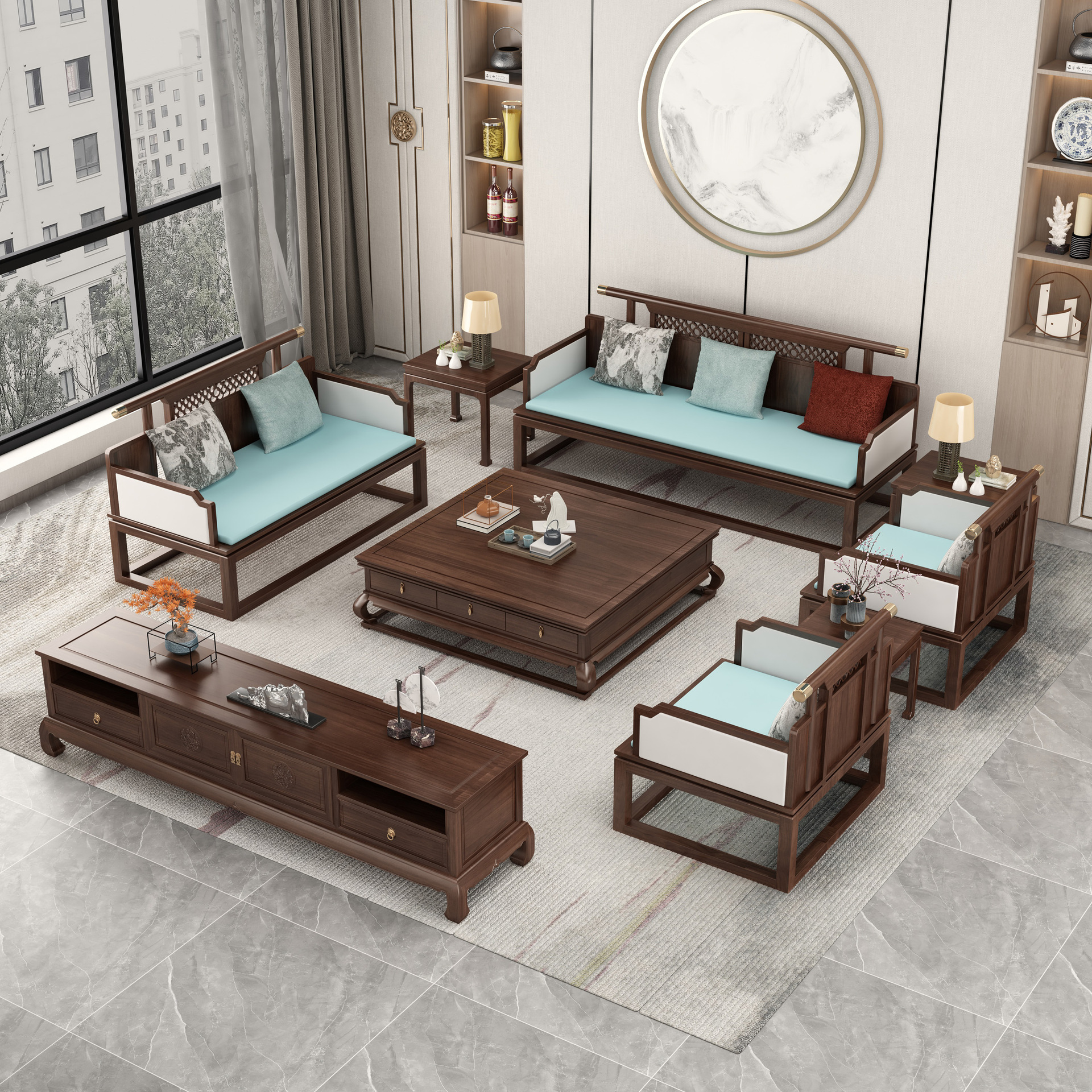 新中式全实木沙发轻奢布艺组合乌金木黑檀木冬夏两用仿古别墅家具