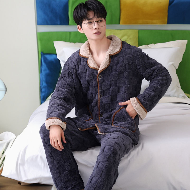 2023 New Flannel Pajamas Men's Autumn and Winter Thermal Coral Fleece Suit Factory Wholesale Warm Loungewear