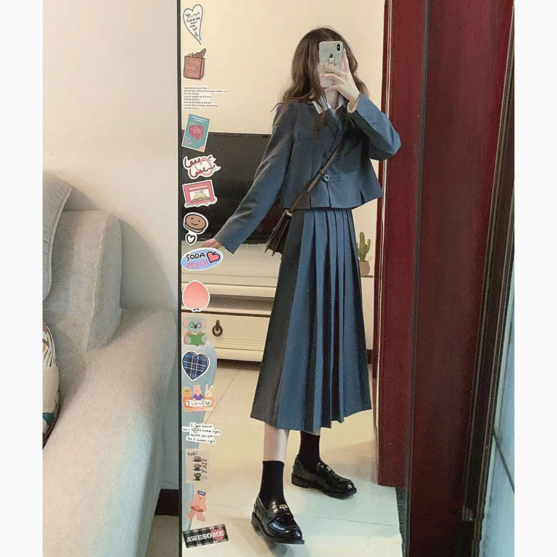 Spring New Women's College Style Suit Cute and Lively High-Grade Autumn Pleated Skirt Two-Piece Set