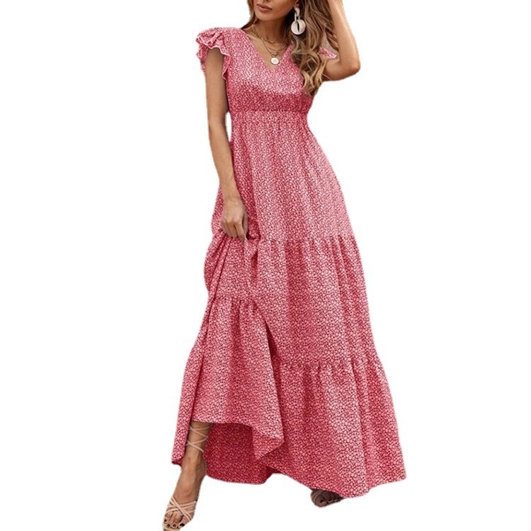 Cross-Border Amazon AliExpress 2023 New V-neck Printed Short Sleeve Waist-Controlled Long Dress Bohemian Dress for Women